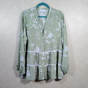 02520 Sweet Rain green & white floral mock v-neck L/S blouse 2X NWT
